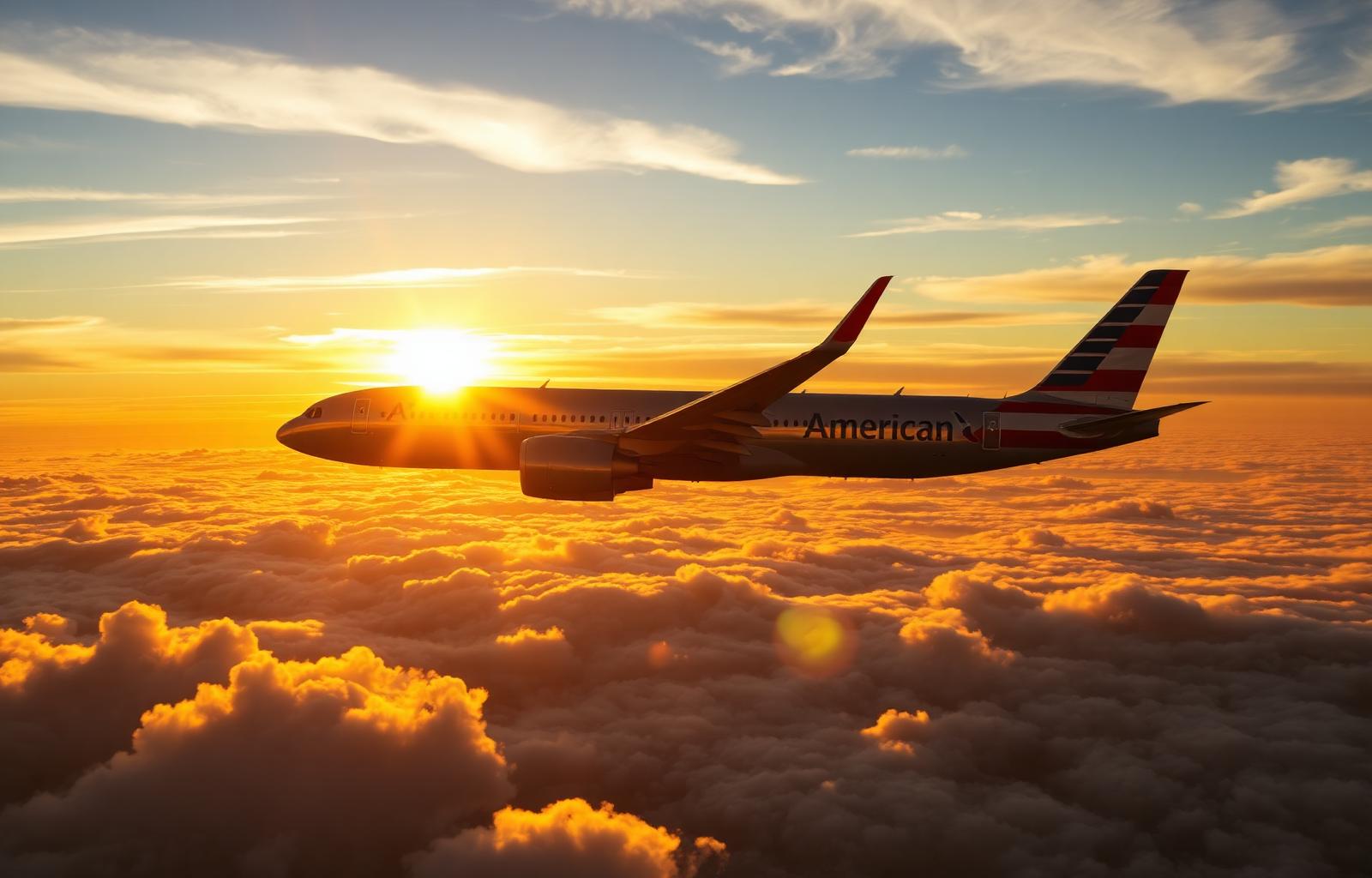 American Airlines jet flying through a golden sunset
